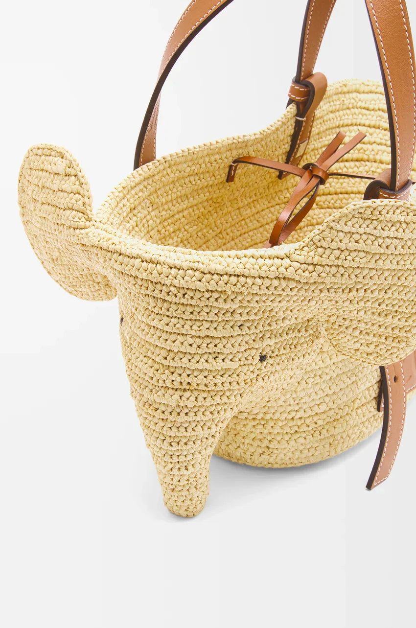 Small Elephant basket in raffia and calfskin