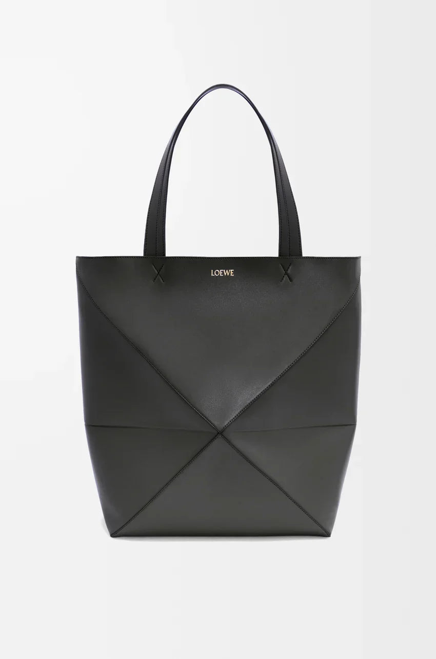 XL Puzzle Fold tote in shiny calfskin Black