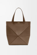XL Puzzle Fold tote in shiny calfskin Umber