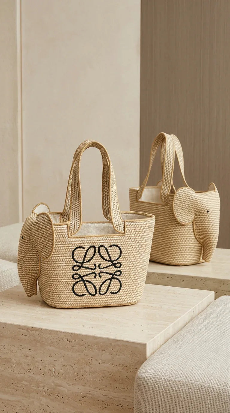 Elephant basket in raffia and calfskin Beige - EliteLux Outlet