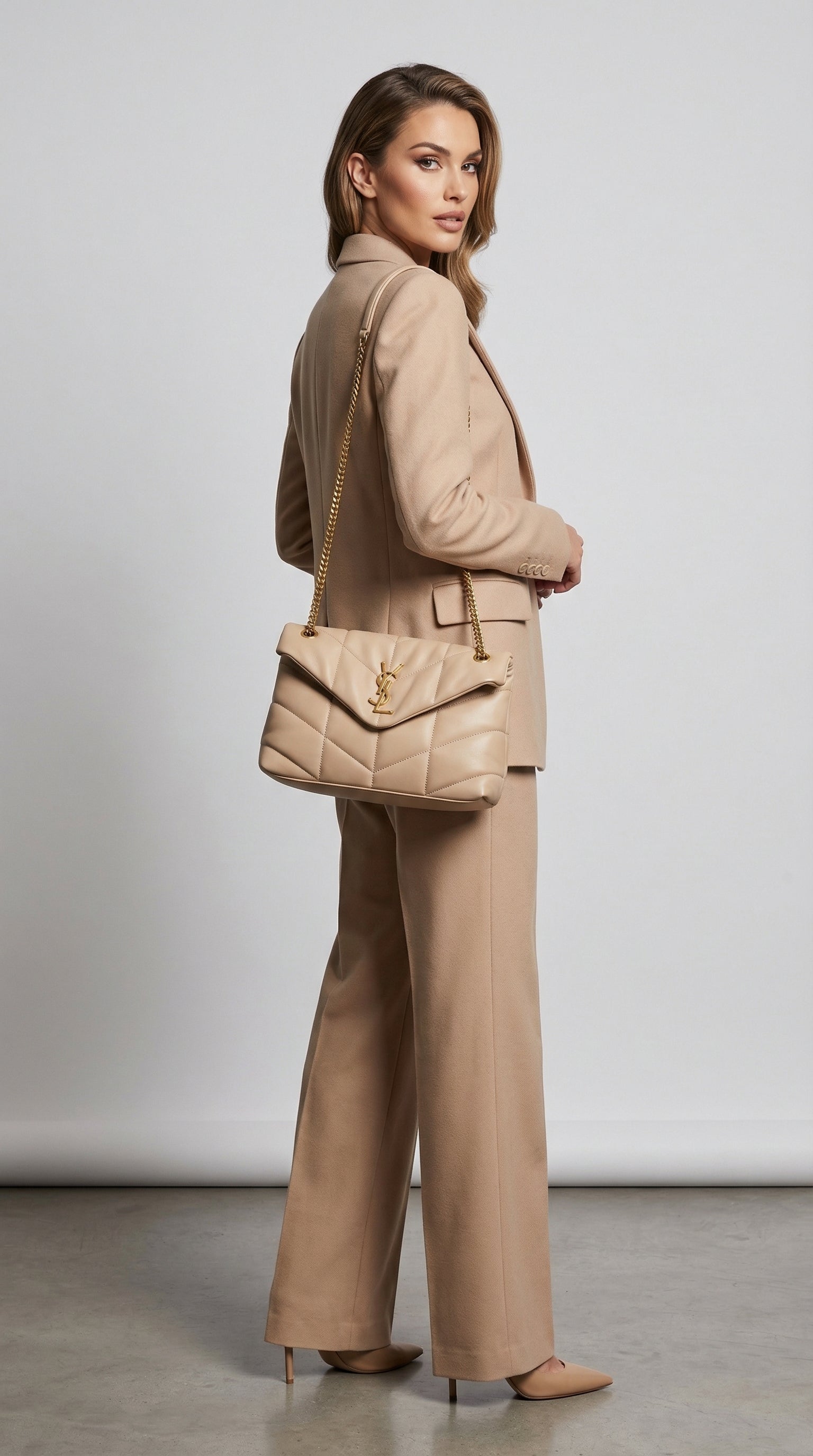 Lou Quilted Flap Bag – Beige Chevron Leather (Gold Hardware)