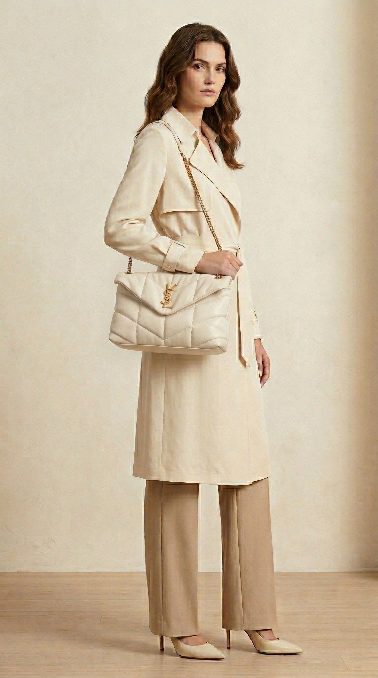 Lou Quilted Flap Bag – Cream Chevron Leather (Gold Hardware)