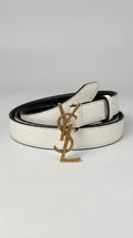 Cassandre Logo Leather Belt – White / Black (Gold Hardware) - EliteLux Outlet