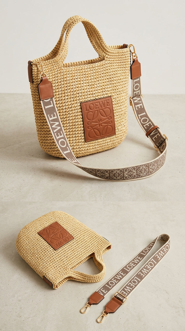 Mini Slit Bag In Raffia And Calfskin Brown