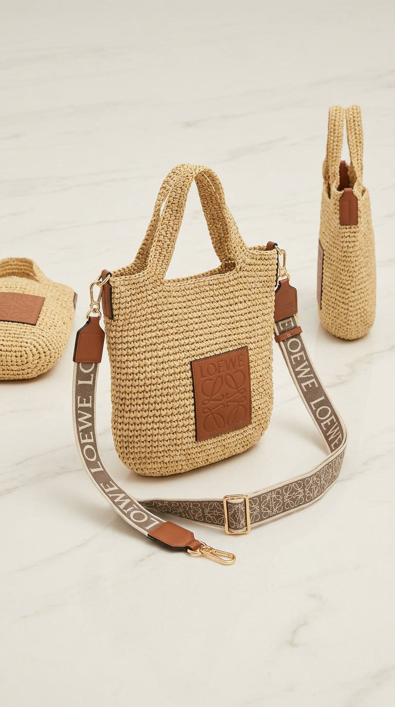 Mini Slit Bag In Raffia And Calfskin Brown