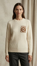 Textured Crest Cable Knit Sweater - Beige