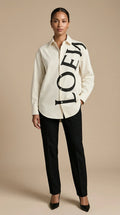 Ivory Oversized Typography Silk-Blend Shirt - EliteLux Outlet